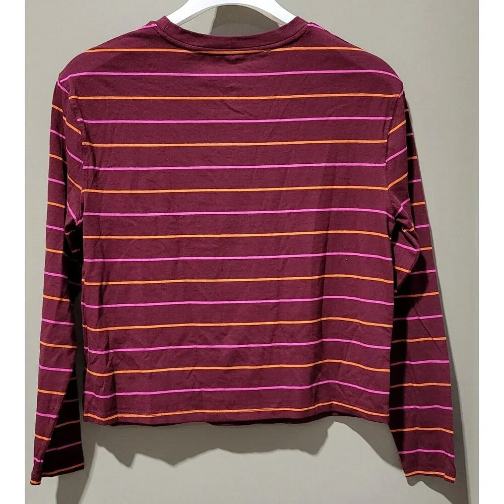 A New Day Burgundy w/ Pink & Orange Thin Stripes LS Soft Cotton Tee -- Small 4-6 - Picture 2 of 7